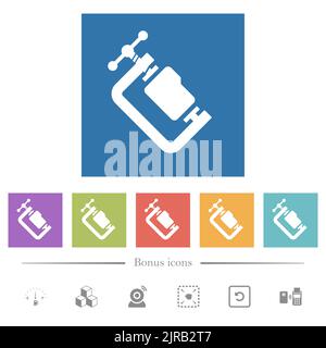 Folder compression solid flat white icons in square backgrounds. 6 bonus icons included. Stock Vector