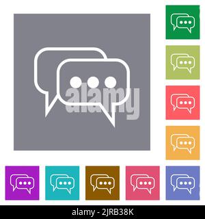 Two rounded square active chat bubbles outline flat icons on simple color square backgrounds Stock Vector