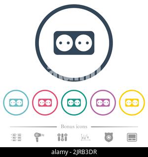 Electrical outlet with two sockets solid flat color icons in round outlines. 6 bonus icons included. Stock Vector