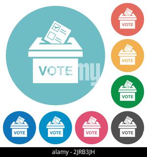 Voting paper and ballot box solid flat white icons on round color backgrounds Stock Vector