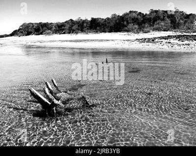 An old wreck of a dhow, which sunk in the shallow water surrounding the Inhaca Barrier Island of the coast of Mozambique in black and white. Stock Photo