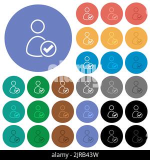 User OK outline multi colored flat icons on round backgrounds. Included white, light and dark icon variations for hover and active status effects, and Stock Vector