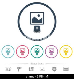 Upload image from hard disk flat color icons in round outlines. 6 bonus icons included. Stock Vector