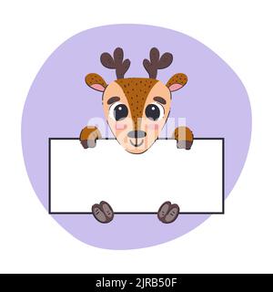 Deer holding a white banner. Cute hand-drawn vector illustration with purple background. Editable card template. Stock Vector