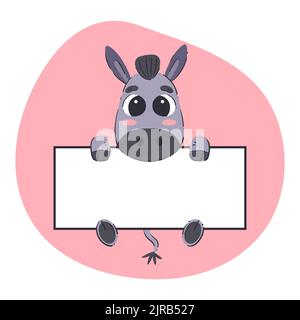 Donkey holding a white banner. Cute hand-drawn vector illustration with pink background. Editable card template. Stock Vector