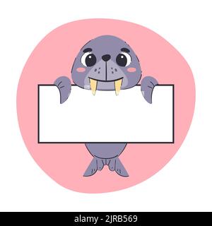 Walrus holding a white banner. Cute hand-drawn vector illustration with pink background. Editable card template. Stock Vector