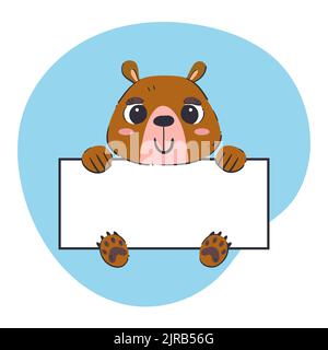 Bear holding a white banner. Cute hand-drawn vector illustration with blue background. Editable card template. Stock Vector