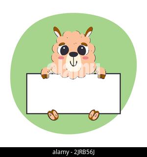 Llama holding a white banner. Cute hand-drawn vector illustration with green background. Editable card template. Stock Vector