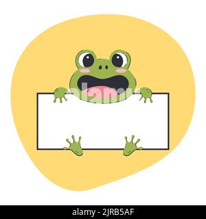Frog holding a white banner. Cute hand-drawn vector illustration with yellow background. Editable card template. Stock Vector
