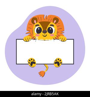 Lion holding a white banner. Cute hand-drawn vector illustration with purple background. Editable card template. Stock Vector