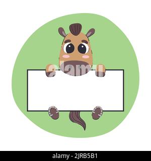 Horse holding a white banner. Cute hand-drawn vector illustration with green background. Editable card template. Stock Vector