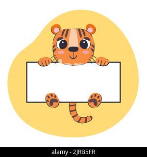 Tiger holding a white banner. Cute hand-drawn vector illustration with yellow background. Editable card template. Stock Vector