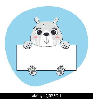 Polar bear holding a white banner. Cute hand-drawn vector illustration with blue background. Editable card template. Stock Vector