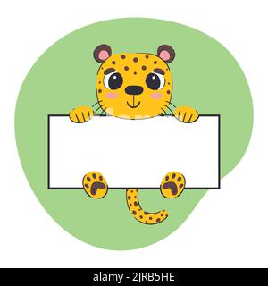 Leopard holding a white banner. Cute hand-drawn vector illustration with green background. Editable card template. Stock Vector