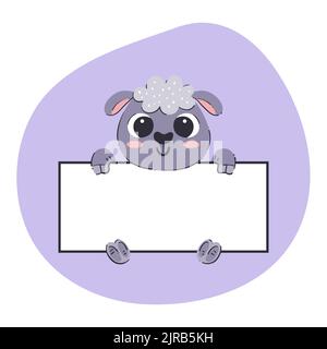 Sheep holding a white banner. Cute hand-drawn vector illustration with purple background. Editable card template. Stock Vector