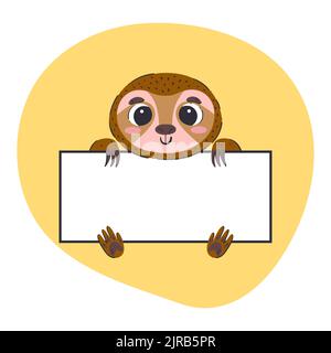 Sloth holding a white banner. Cute hand-drawn vector illustration with yellow background. Editable card template. Stock Vector