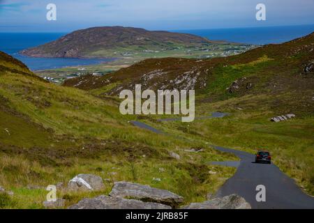 Gap of Mamore from Mamore Well and Grotto looking down to Isle of Doagh, Inishowen, County Donegal, Wild Atlantic Way, Ireland Stock Photo