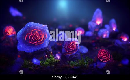 3D rendering of a Luminous Rose in a Dark Rose Forest. High quality photo wallpaper Stock Photo