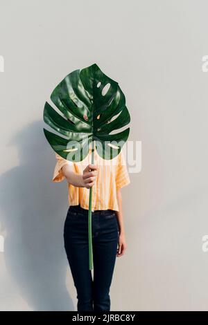 Young woman holding a large leaf Stock Photo - Alamy