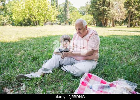 Boy with grandfather using smart phone at park Stock Photo