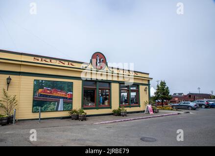 Fort Bragg is a town on Highway 1 in Northern California. Stock Photo