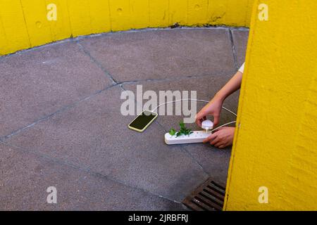 Young woman charging cell phone with plants on extension cord Stock Photo
