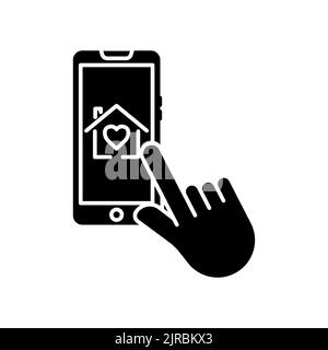 Hand touch icon with house of love in mobile phone. icon related to charity, affection, love. Glyph icon style, solid. Simple design editable Stock Vector