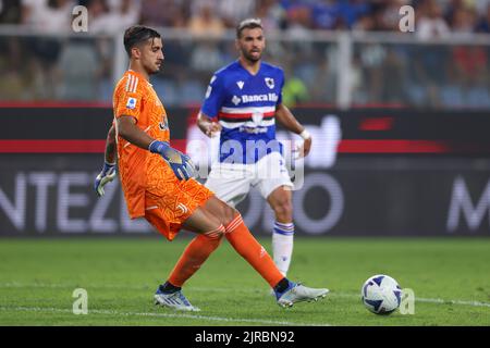 Genoa, Italy. 22nd Aug, 2022. Mattia Perin of Juventus clears the ball as Mehdi Leris of UC Sampdoria closes in during the Serie A match at Luigi Ferraris, Genoa. Picture credit should read: Jonathan Moscrop/Sportimage Credit: Sportimage/Alamy Live News Stock Photo