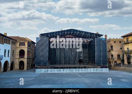 Plaza Mayor in Poble Espanyol with music stage ready for live event or concert Stock Photo