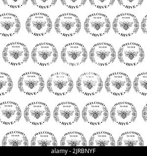 Pattern with bee. Welcome to Our Hive. Bee. Bee Kind. Seamless pattern. Vector Illustration. Stock Vector