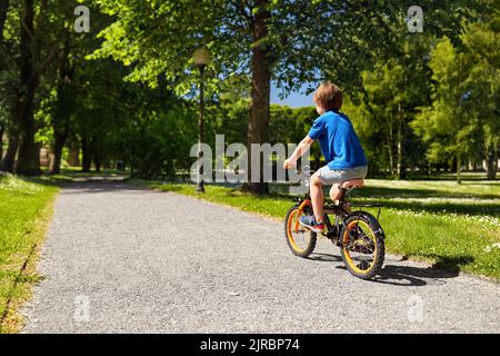 little boy riding bicycle at summer park Stock Photo