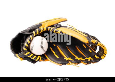 Baseball black and yellow gloves with ball isolated on white background Stock Photo
