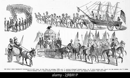 The great Union torchlight procession in New York, October 23rd, 1860 - Captain Rynders' pocket piece - Full rigged ship, drawn by ten horses - Massa Horace Greeley and a dark-colored young lady - Knights of the Union and the temple of liberty. 19th century illustration from Frank Leslie's Illustrated Newspaper Stock Photo