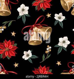 Seamless pattern with Christmas botanical plants, flowers and bells. Textile or wallpaper print. Stock Vector