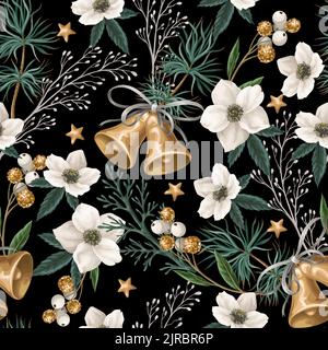 Seamless pattern with Christmas botanical plants, flowers and bells. Textile or wallpaper print. Stock Vector