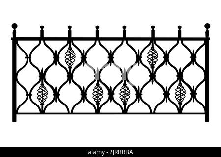 Decorative cast iron wrought fence silhouette with artistic forging.Metal guardrail.Steel modular railing.Gate with swirls.Forged lattice fence.Vector Stock Vector