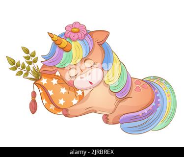 Cute unicorn girl sleep on pillow. Baby shower. Newborn little horse animal with horn. Sweet dream. Fairytale pony character rest. Child birth. Vector Stock Vector