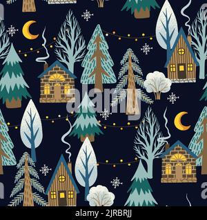 Christmas seamless pattern with rustic houses and trees. Wallpaper print Stock Vector