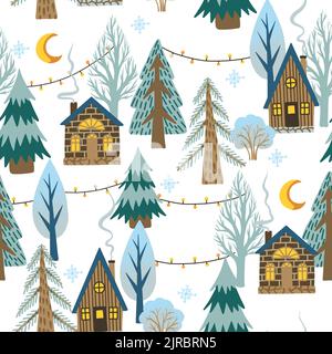 Christmas seamless pattern with rustic houses and trees. Wallpaper print Stock Vector