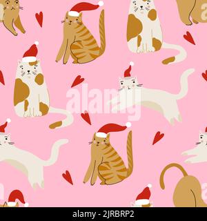 Seamless pattern with cats. Merry Christmas holiday print. Stock Vector