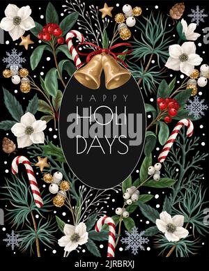Christmas card with botanical plants, flowers and bells isolated. Stock Vector