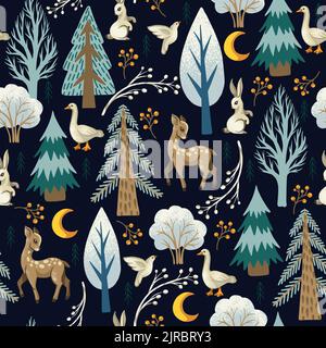 Christmas seamless pattern with rustic animals, birds and trees. Wallpaper print. Stock Vector