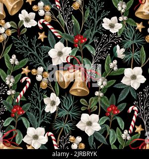 Seamless pattern with Christmas botanical plants, flowers and bells. Textile or wallpaper print. Stock Vector