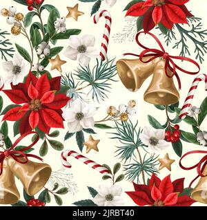Seamless pattern with Christmas botanical plants, flowers and bells. Textile or wallpaper print. Stock Vector