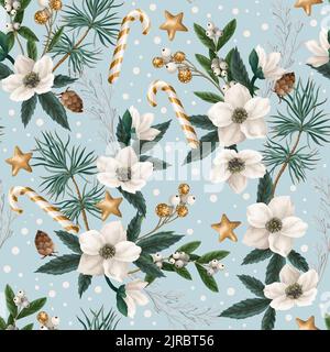 Seamless pattern with Christmas botanical plants, flowers and bells. Textile or wallpaper print. Stock Vector