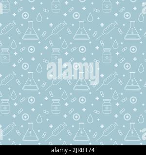 medical patern with beakers and medicine jars with crosses and drops Stock Vector