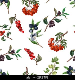 Seamless pattern with berries, such as rowan, blueberries and other. Vector. Stock Vector