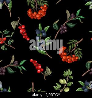 Seamless pattern with berries, such as rowan, blueberries and other. Vector. Stock Vector