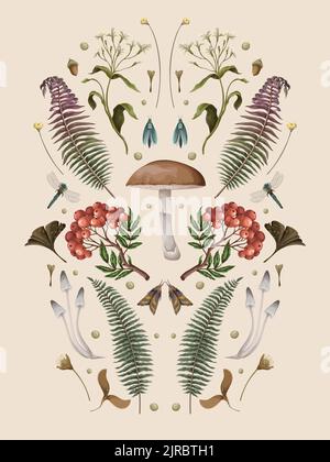 Autumn composition with mushrooms, berries and plants. Botanical vector Stock Vector