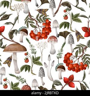 Autumn seamless pattern with mushrooms, berries and plants. Botanical vector. Stock Vector